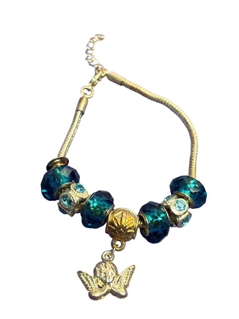 Faded / Worn Goldtone Charm Bracelet Angel Blue Glass Beads Rhinestones